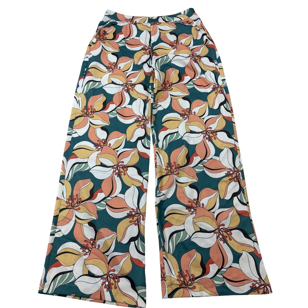 Molly Bracken Premium Floral Wide Leg Trousers Teal Mustard Retro 70s Style S
